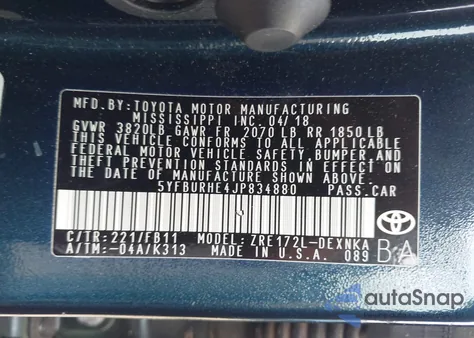 2018 Toyota Corolla Le z USA, uszkodzony, nr VIN 5YFBURHE4JP834880